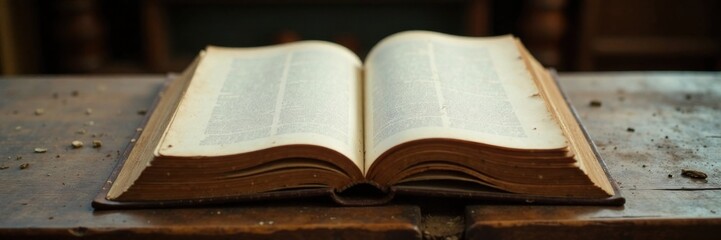Obraz premium Old wooden table with open book lying on it, covered in dust and pages partially torn out, worn, open book, faded