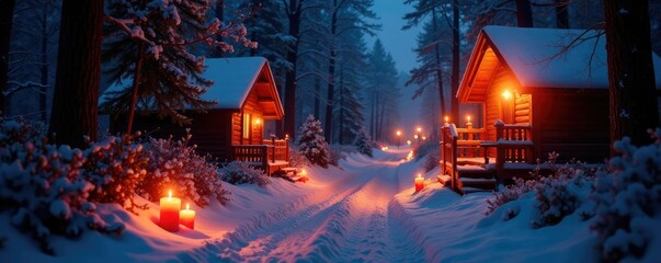 Un camino con rotaie di legno e candele rosse, illuminato con luci a LED, artigianato, stagione invernale