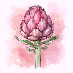 Watercolor illustration of purple artichokes with detailed petals and artistic splashes on a white background. It showcases the beauty of this unique vegetable in an artistic and fresh way.