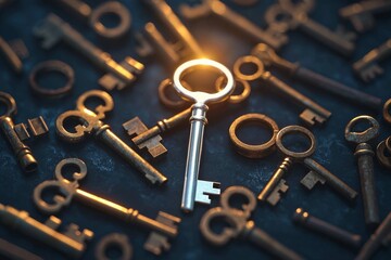 Silver key among rusty vintage antique keys symbolizing uniqueness, success, leadership, opportunity, standout potential, value, and personal growth in a conceptual metaphor on contrast and choice
