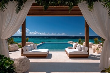 Obraz premium Tranquil seaside retreat with loungers and stunning ocean view on sunny day