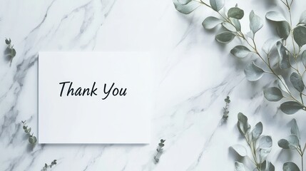 A "Thank You" card with a clean, modern design against a marble background with some greenery.