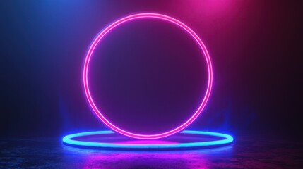 Obraz premium 3d render, blue pink neon round frame, circle, ring shape, empty space, ultraviolet light, 80's retro style, fashion show stage, abstract background.