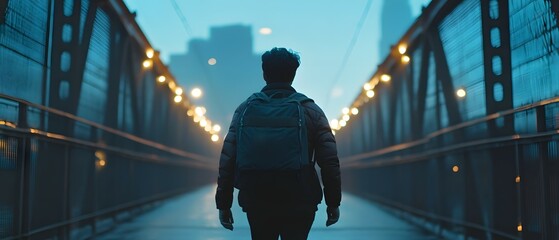 A lone individual backpack clad traversing a bridge amidst the urban landscape their silhouette accentuated by the contemporary cinematic lighting that casts an atmospheric and contemplative mood