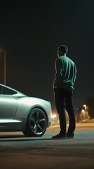 A solitary figure in a green sweater stands beside a modern silver sedan illuminated by the soft glow of streetlights in a contemporary cinematic setting
