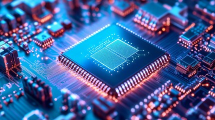 Obraz premium A semiconductor researcher designing chips for edge computing in smart cities, futuristic smart city lab with high-tech equipment, High-tech style