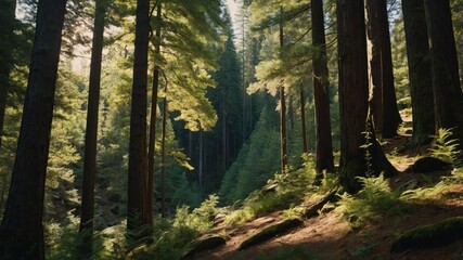 Obraz premium Walking through a Dense Forest with Sunlight Streaming Through Trees