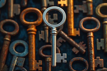 Silver key among rusty vintage antique keys symbolizing uniqueness, success, leadership, opportunity, standout potential, value, and personal growth in a conceptual metaphor on contrast and choice
