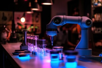 Robotic Arm in Modern Bar Preparing Drinks with Colorful LED Lighting