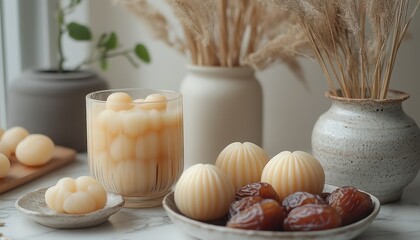 Elegant Arrangement of Soft Desserts and Dried Fruits on a Table
