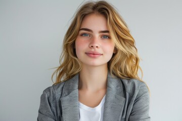 Obraz premium Portrait of a young Caucasian girl with blond hair wearing gray jacket over white t shirt against plain white background
