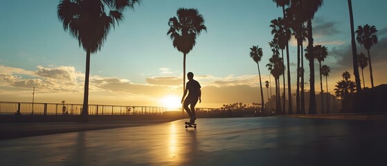 A lone skateboarder glides along the boardwalk as the sun sets over the city skyline casting a dramatic silhouette against the vibrant colors of the evening sky