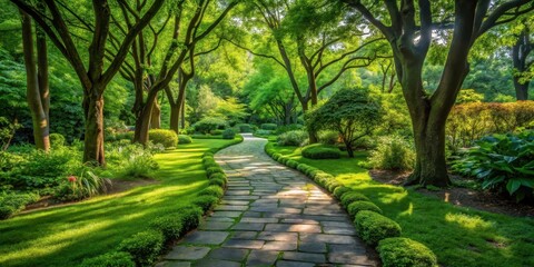 Obraz premium A Serene Garden Path Winding Through Lush Greenery Under the Warm Sunlight