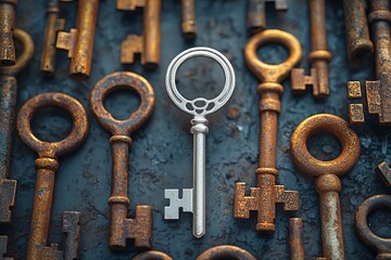 Silver key among rusty vintage antique keys symbolizing uniqueness, success, leadership, opportunity, standout potential, value, and personal growth in a conceptual metaphor on contrast and choice
