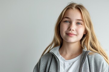 Obraz premium Portrait of a young Caucasian girl with blond hair wearing gray jacket over white t shirt against plain white background
