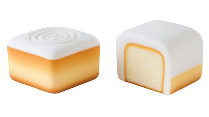 Isolated Photo of Two Square Cakes on a Transparent Background White Icing and Yellow Layer Illustration
