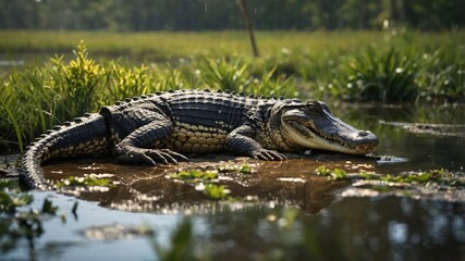 Alligator Resting in Swamp Waters Near Green Vegetation Outdoors