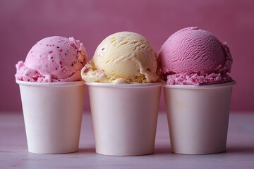 Three different scoops ice cream white cup with , Full HD, 32k Resolution