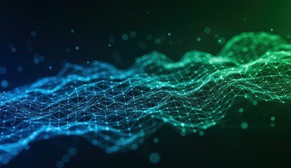 Abstract digital wave graphic in blue and green colors showcasing technology concepts and data transmission.