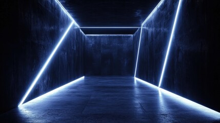 Neon Blue Corridor in Dark Concrete Space