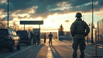 A military security checkpoint with armed personnel scanning incoming vehicles.