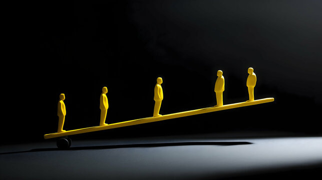 A minimalist scene featuring yellow figures balanced on a seesaw, symbolizing equality, fairness, or the concept of balance in various aspects of life.