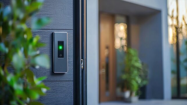 A keyless entry pad on a modern front door with a green access approval light.