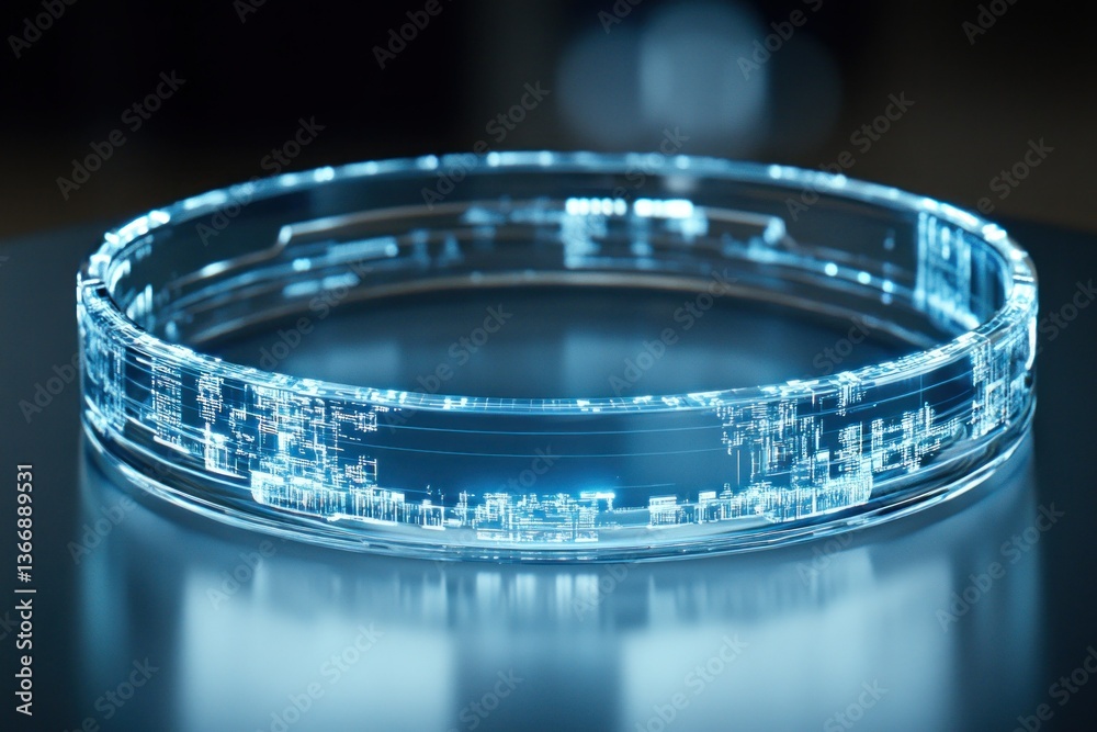 Poster futuristic transparent circular display with glowing digital patterns
