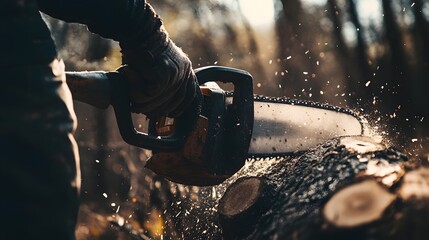 A lumberjack in a winter forest operates a powerful chainsaw to split and cut up a large fallen tree trunk creating piles of freshly harvested timber