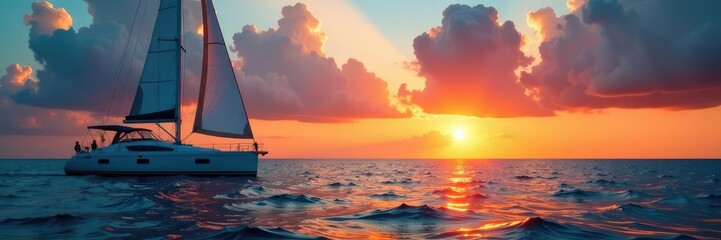 Obraz premium Velero en el horizonte con atardecer en el mar, vela, velas, paisaje
