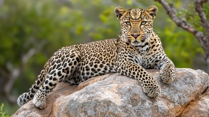 Fototapeta premium A spotted leopard rests atop a jagged rock, its posture exuding both relaxation and control.
