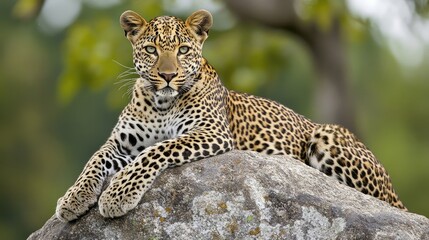 Obraz premium A spotted leopard rests atop a jagged rock, its posture exuding both relaxation and control.