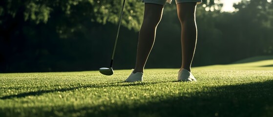 A golfer in athletic clothing stands on a lush green golf course preparing to take a swing with their golf club as they aim for the ball on the fairway