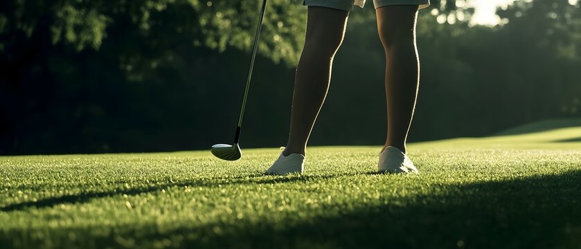A golfer in athletic clothing stands on a lush green golf course preparing to take a swing with their golf club as they aim for the ball on the fairway