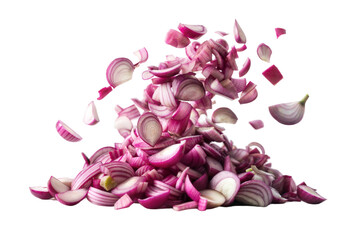 Falling red onion chopped isolated on transparent background. Png