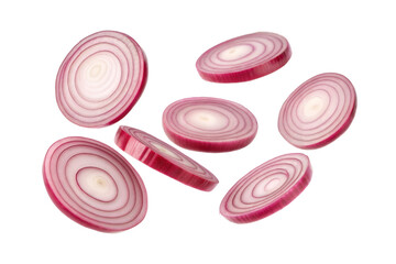 Falling red onion slices isolated on transparent background. Png