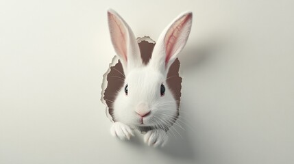 Obraz premium White rabbit peeking through hole in white paper