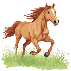 Obraz premium Running Horse Illustration in Green Grass Expressing Power and Freedom, Pets and Domesticated Animals Concept