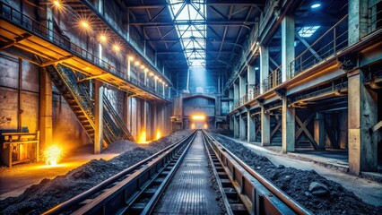 Industrial Facility Interior  Glowing Ore on Conveyor System Within a Large Metal Structure