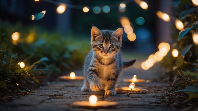 Striped Kitten Walking on Pathway Decorated with Candles and String Lights