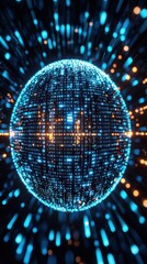 An abstract representation of a digital sphere surrounded by glowing data streams, symbolizing technology and connectivity in a vibrant, futuristic design.