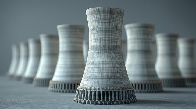 Industrial cooling towers in parallel arrangement with textured surfaces against a neutral background showcasing modern architecture