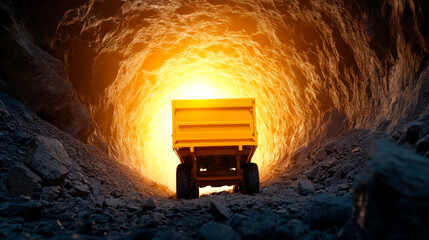 A mining truck is positioned in a dark tunnel, illuminated by a warm golden light at the end, creating a dramatic contrast with the surrounding darkness.