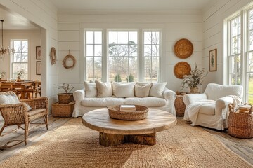 Farmhouse-style living room with vintage decor, light walls, and comfortable seating. Round wooden coffee table, natural sunlight, and baskets with plants and fabric swatches.