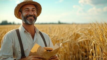 Fototapeta premium A smiling farmer holds a burger in a wheat field, showcasing a connection between agriculture and food enjoyment.