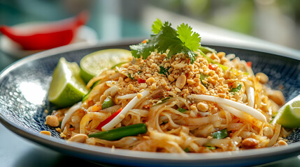 Close Up Pad Thai Dish with Lime Cilantro and Peanuts on Blue Plate in Restaurant Setting
