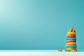 Colorful Macarons Stack Against Teal Background.