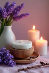 Soothing lavender and vanilla scents waft through the air, as gentle candle flames flicker above a serene face mask station, tranquility, relaxation