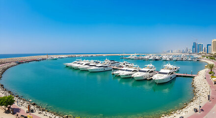 Fototapeta premium Coastal Marina With White Yachts On Sunny Day