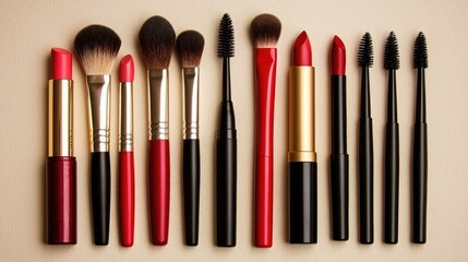 Obraz premium A makeup flat lay with lipsticks, brushes, and powder on a soft backdrop.